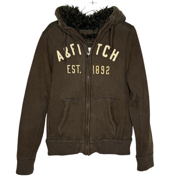 Abercrombie & Fitch AF L Vintage Brown Heavy Fur Lined Zip Hoodie Jacket Y2K - Picture 1 of 9